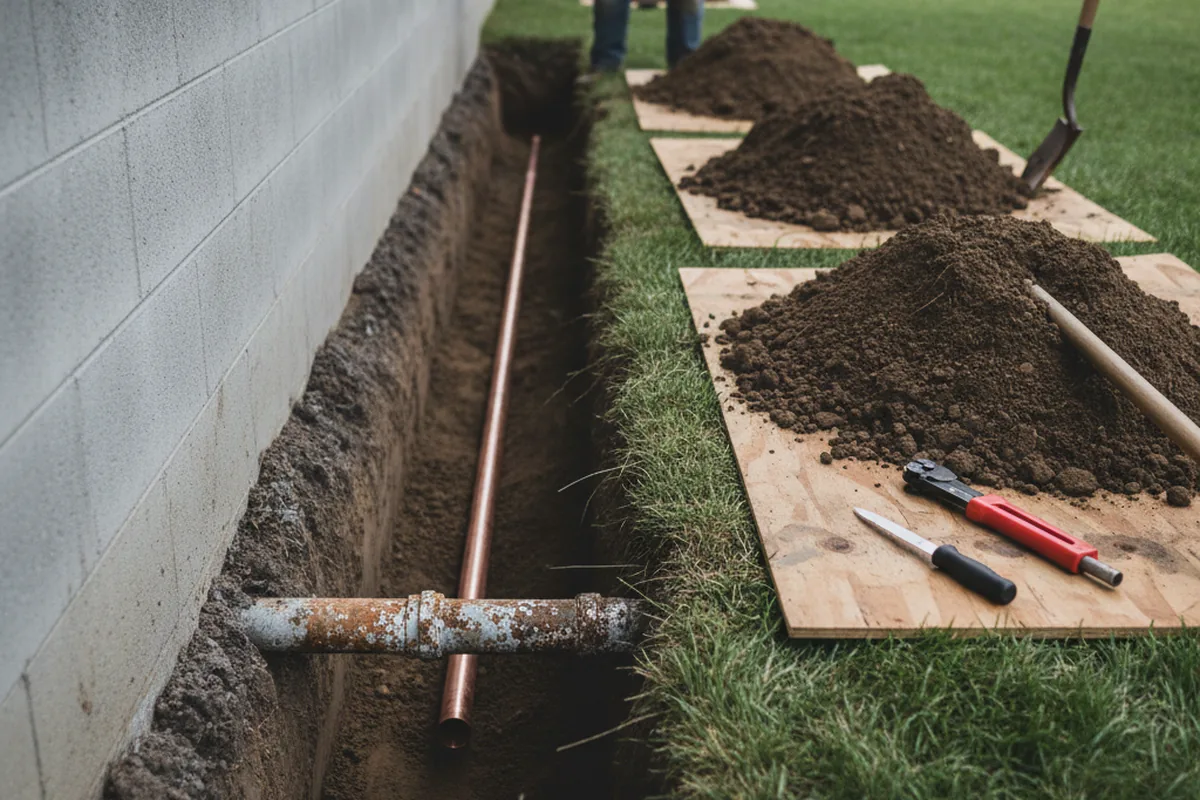 Excavated water line trench during Water Heater Repair in Wentworth
